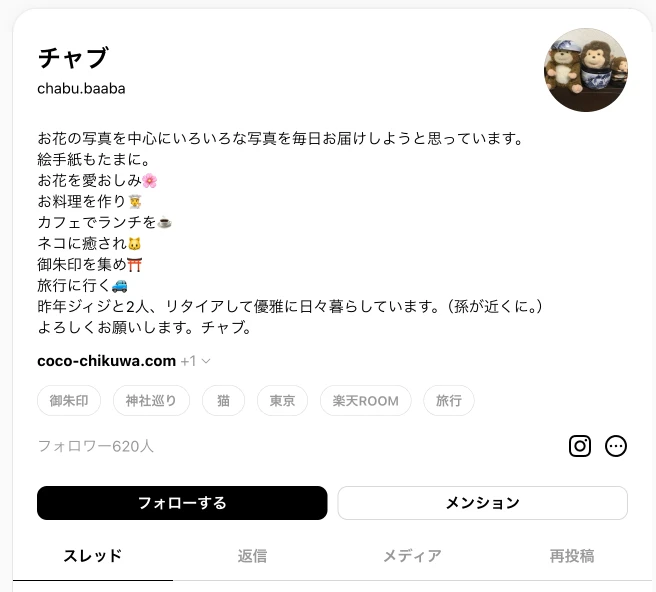 Threads @chabu.baaba のプロフィール画面。名前はチャブ、リンク欄に coco-chikuwa.com、フォロワー620人